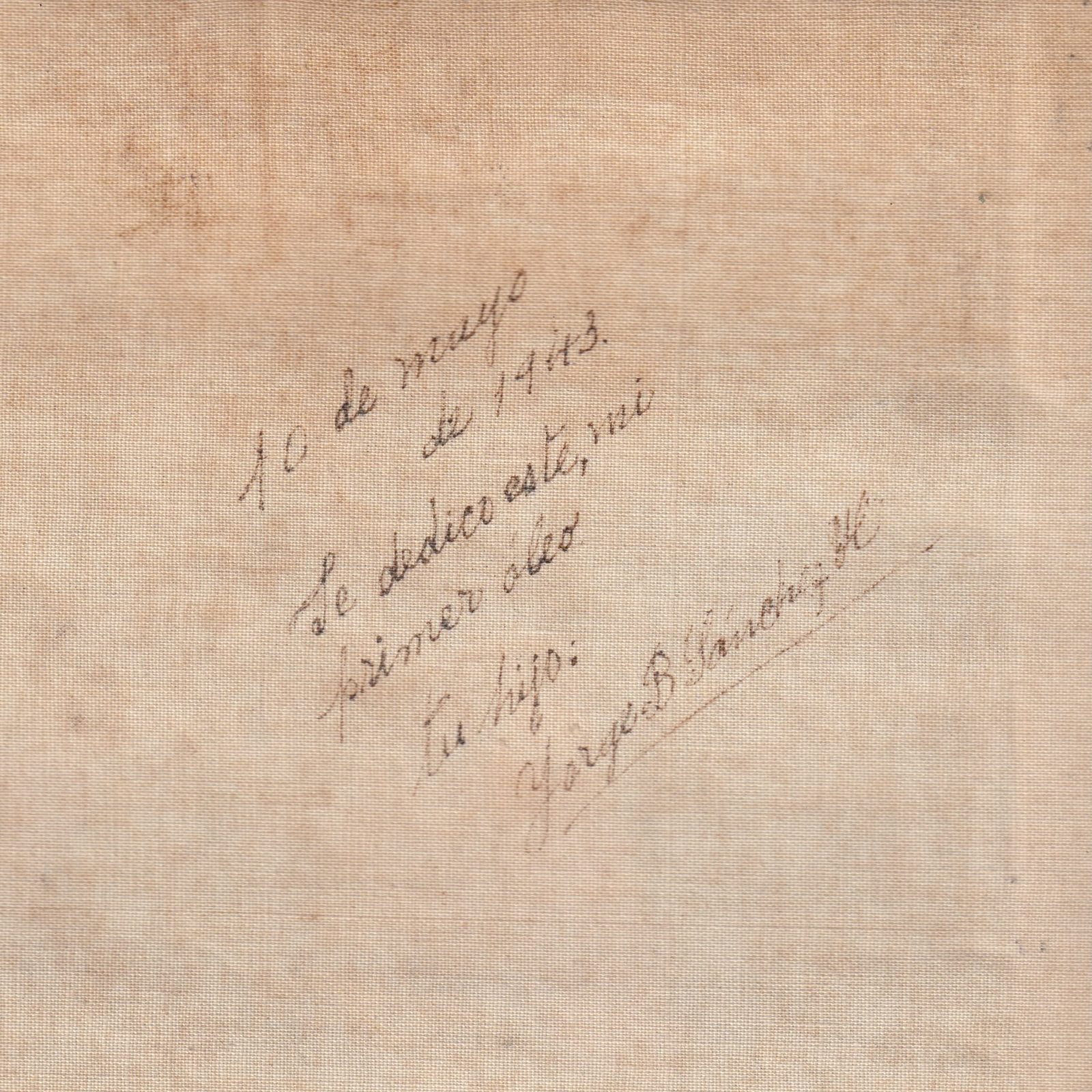 Dedicatoria manuscrita y firma del pintor sobre la tela sin imprimar del reverso