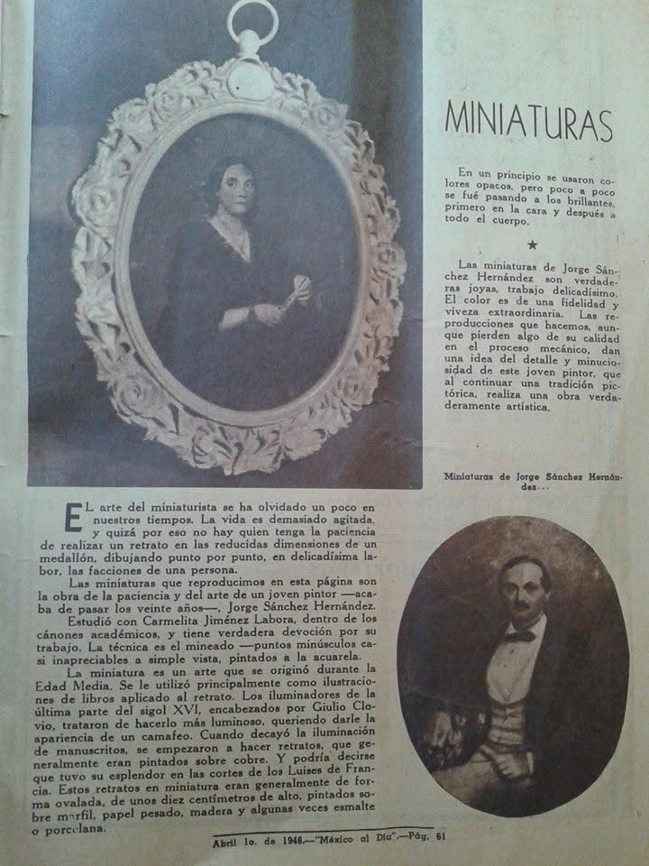 Página de revista dedicada al arte de la miniatura, con dos retratos ovalados