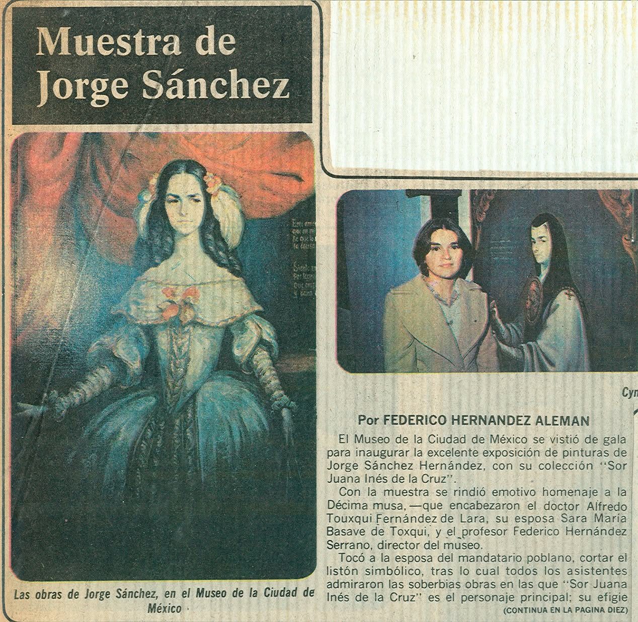 Página de revista con una obra a color y dos fotografías de la inauguración