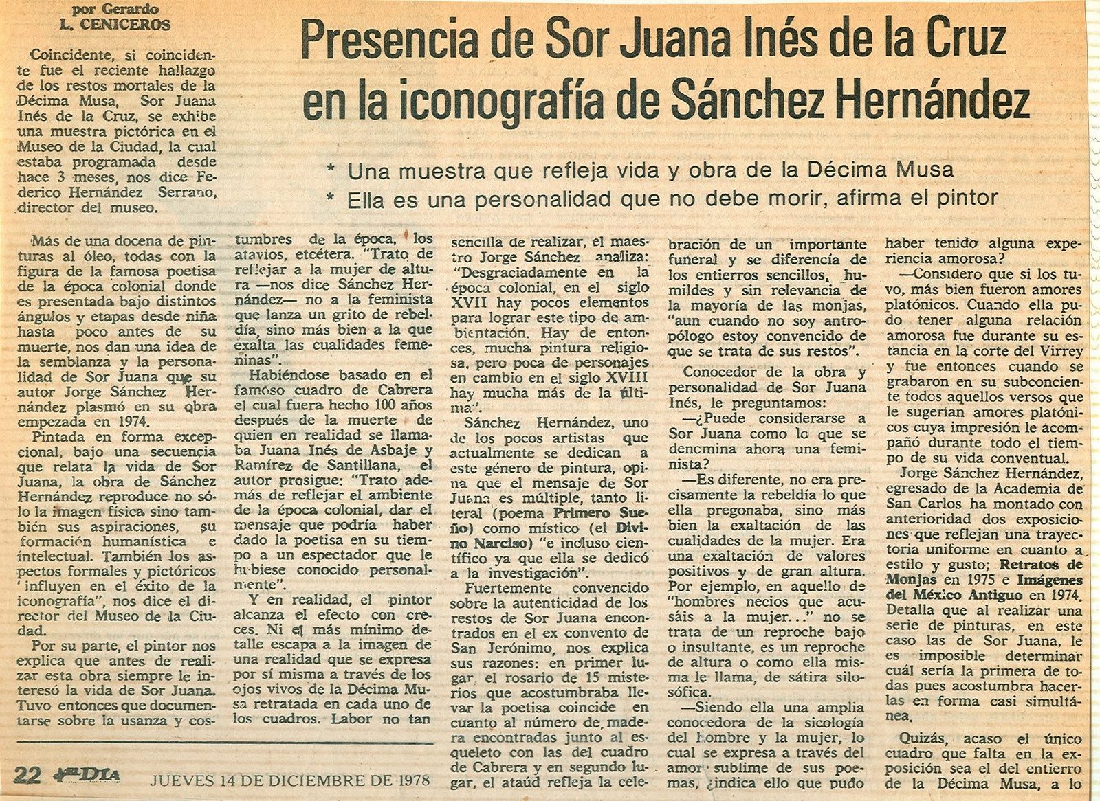 Recorte de prensa de diciembre de 1978 sobre la iconografía de la Décima Musa