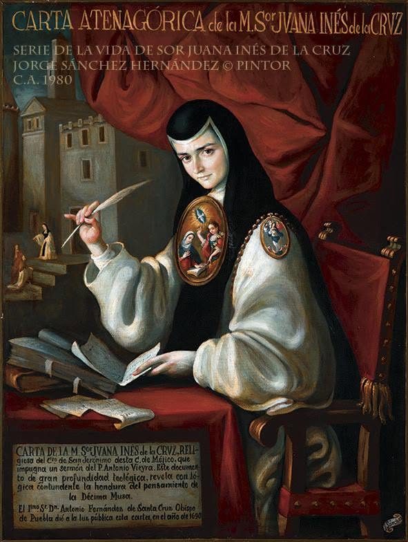Sor Juana escribe con pluma de ave en una mesa cubierta de rojo; detrás, una cortina y una ciudad con torres