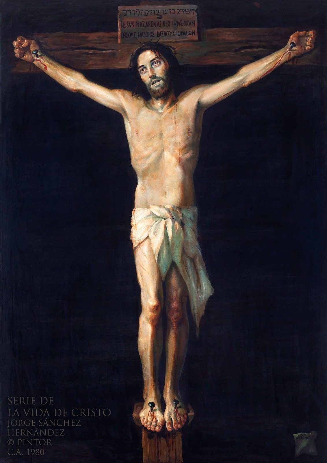 Cristo crucificado sobre fondo negro, con el letrero del titulus clavado sobre la cabeza