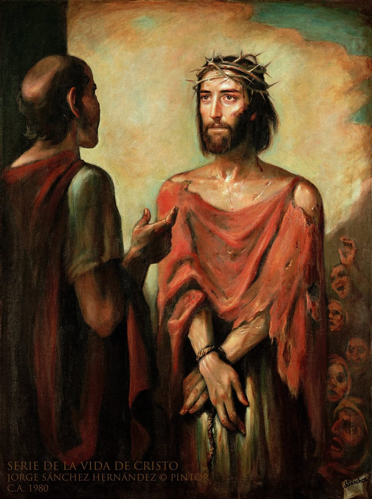 Cristo con corona de espinas y las manos atadas, presentado por un hombre de espaldas con túnica roja