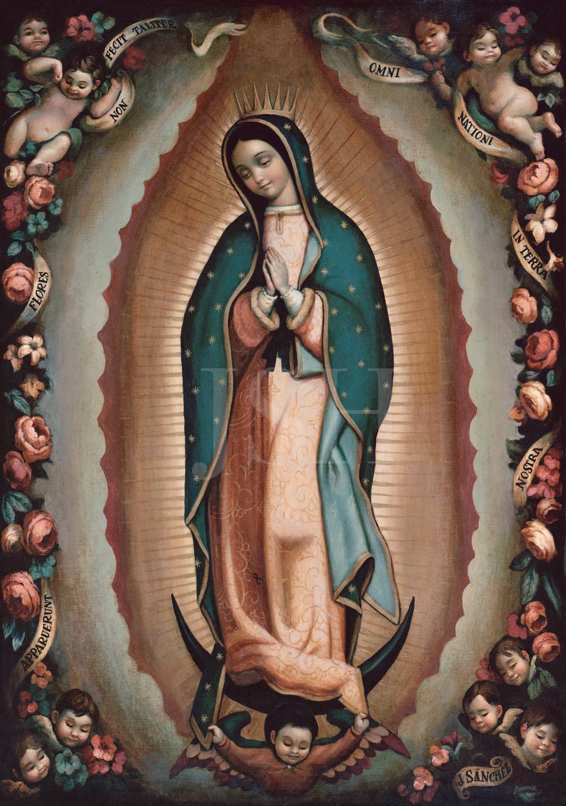 La Virgen de Guadalupe sobre la luna y el ángel, dentro de una orla ovalada de rosas y querubines con cintas escritas