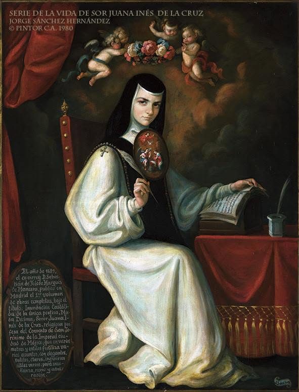 Sor Juana sentada escribiendo en una mesa con tapete rojo, entre querubines que sostienen guirnaldas de flores