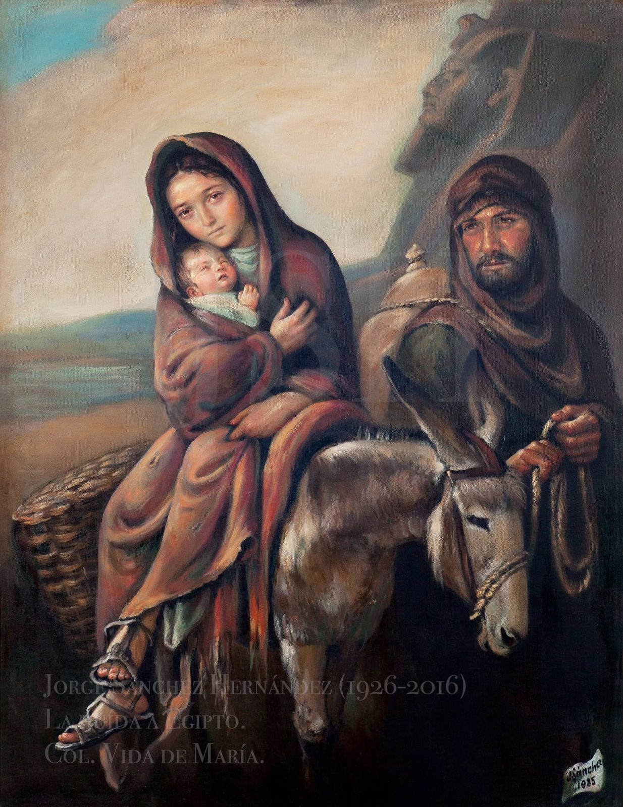 María con el niño montada en un burro cargado de canastas, con José tirando del cabestro por la izquierda