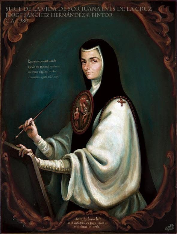 Sor Juana de perfil sobre fondo verde oscuro, cortando la punta de una pluma con un cortaplumas