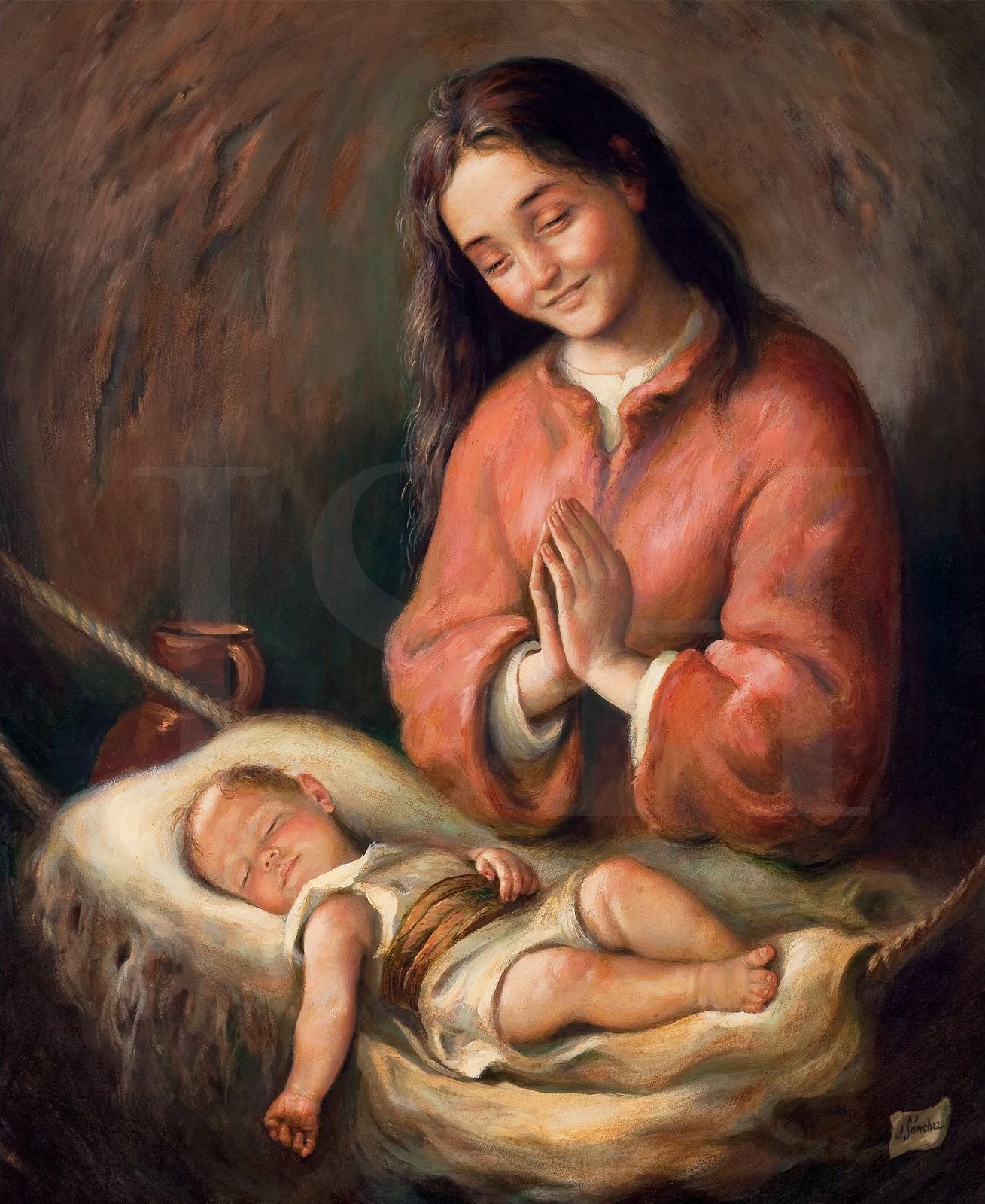 María con las manos juntas en oración sobre el niño dormido en un pesebre de paja