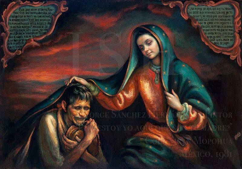 La Virgen inclinada pone la mano sobre el hombro de Juan Diego, que llora arrodillado bajo un cielo rojo