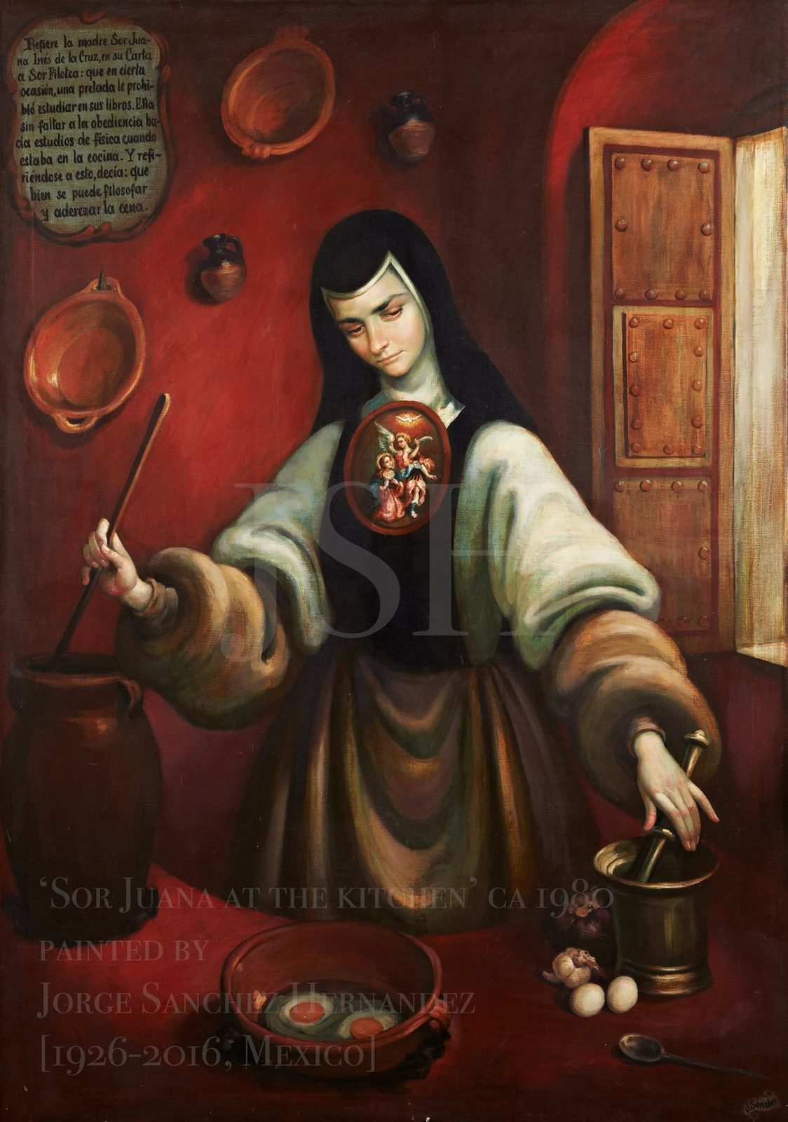 Sor Juana de perfil en una cocina de muro rojo, con cazos de cobre colgados, un molcajete y huevos sobre la mesa